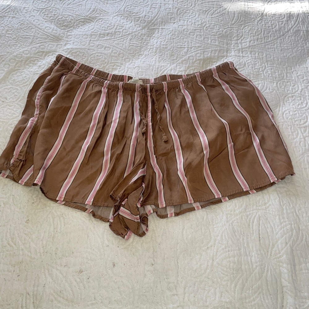 Aerie Pajama Shorts Brown‎ Pink White Stripe Drawstring Lounge Sleep Size L